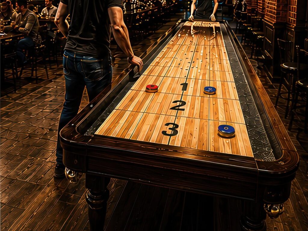 Zwei Personen am Shuffleboard, Pucks auf den Punktefeldern