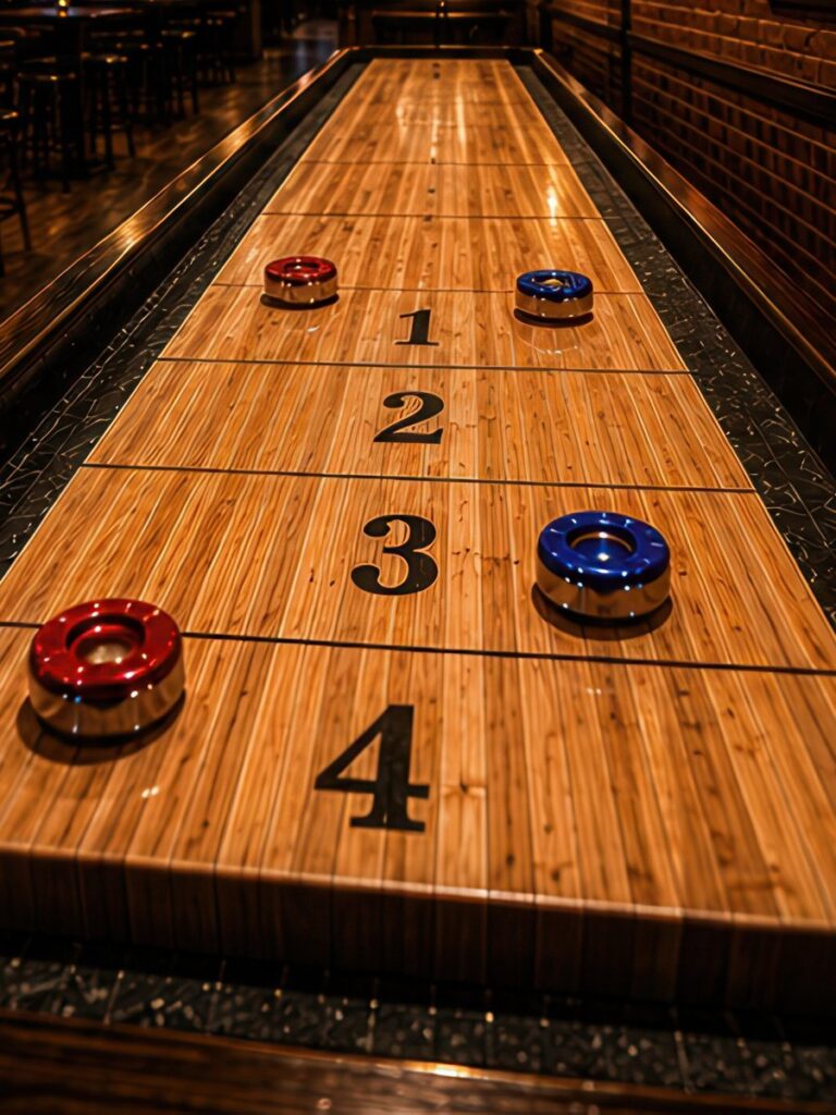 Shuffleboard-Bahn mit roten und blauen Pucks auf den Punktefeldern