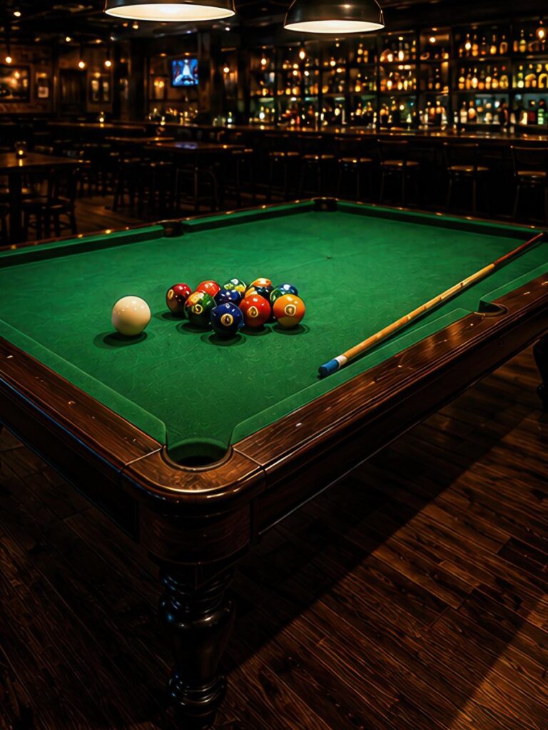 Pooltisch unter zwei Hängeleuchten, dahinter die Bar